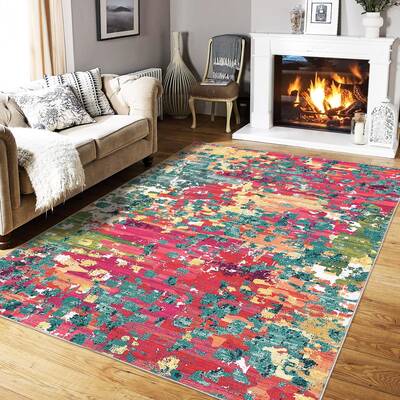 Garvee Large 10x13 Modern Abstract Washable Area Rug – Non-Slip Rubber Backing, Watercolor Carpet, mark Resistant, Low Pile...