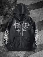 Men's Gothic Style Zip Up Hoodie, Regular Fit Casual Long Sleeve Graphic Hooded Sweatshirt for Fall & Winter, Men's Top for D...