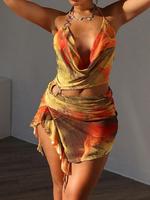 Women's All Over Print Backless Sleeveless Cami Dress, Fashion Draped Ring Linked Split Thigh Halter Dress for Summer, Ladie...
