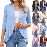 Langdadu 2023 Summer New Solid Color Cardigan Coat Three-Quarter Sleeve Ruffle Top Women