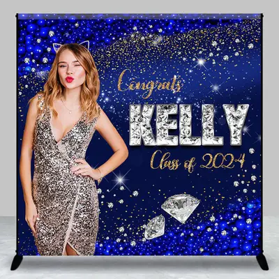 Custom Glitter Blue Congrats Graduation Backdrop with Photo - Aperturee