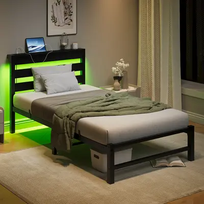 [Bellemave]Twin Bed Frames with Headboard, LED Lights Bed Frames with Charging Station, Sturdy and Noise-Free, Storage Space ...