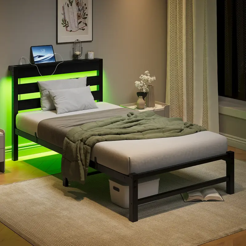 [Bellemave]Twin Bed Frames with Headboard, LED Lights Bed Frames with Charging Station, Sturdy and Noise-Free, Storage Space ...