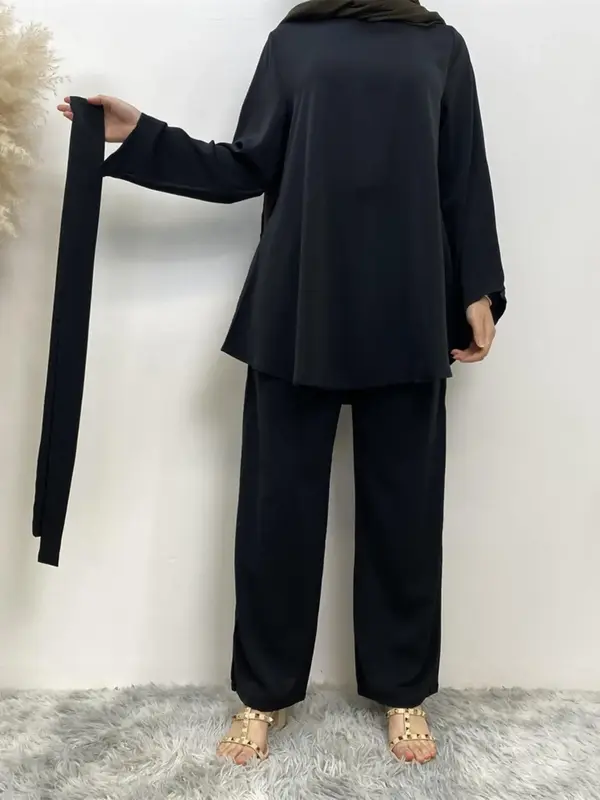 Women's Solid Color Long Sleeve Top with Belt & Pants Set, Casual Fashion Cozy Two-piece Outfits for Daily Outdoor Wear, Wome...