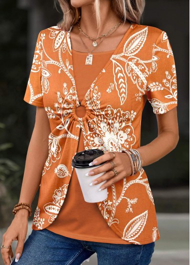 Modlily Orange Plants Print T Shirt - XL