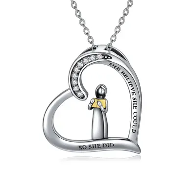 Sterling Silver Zircon Heart Pendant Necklace with Engraved Word