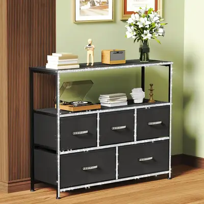 【Prime Day】Mr IRONSTONE Dresser TV Stand, Entertainment Center with 5 Fabric Drawers, Media Console Table for TV with Ope...