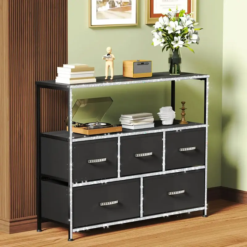 【Prime Day】Mr IRONSTONE Dresser TV Stand, Entertainment Center with 5 Fabric Drawers, Media Console Table for TV with Ope...