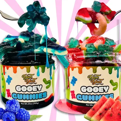 Sweet Gooey Gummies in Sweet Ooze Liquid Candy Blue Raspberry - Watermelon - Wet Snack 13-25 oz Container Chewy Gummy