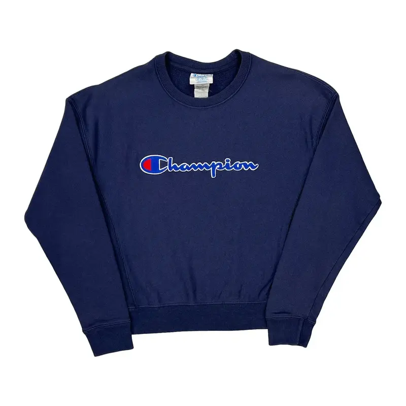 Reverse Weave Champion Spellout Sweatshirt - Small Navy Cotton Blend