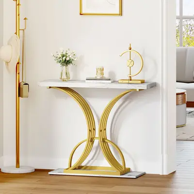 DWVO Gold Console Table, Modern Sofa Table for Living Room, Hallway, Entryway, 40 inch Narrow Entryway Table, Faux Marble Whi...