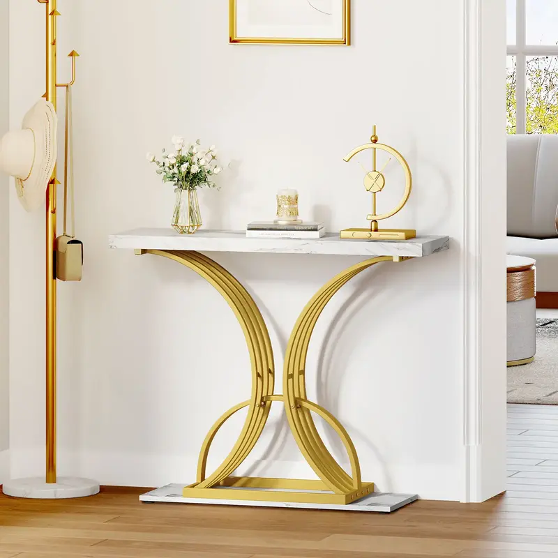 DWVO Gold Console Table, Modern Sofa Table for Living Room, Hallway, Entryway, 40 inch Narrow Entryway Table, Faux Marble Whi...
