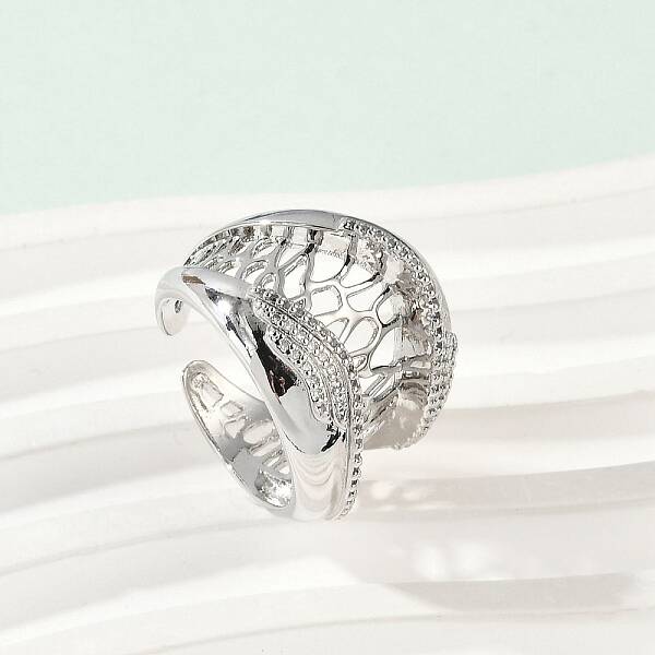 Brass Micro Pave Clear Cubic Zirconia Open Cuff Rings for Women