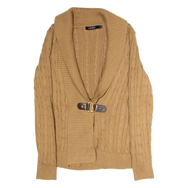 LAUREN RALPH LAUREN Womens Cardigan Beige V-Neck Cable Knit L