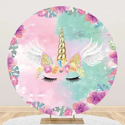 Pink Green Floral Monstera Round Birthday Backdrop - Aperturee