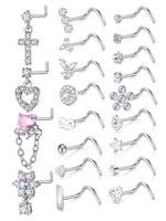 Rhinestone Decorated L-shaped Nose Rings, Heart & Cross & Butterfly & Flower Design Nose Studs, Body Piercing Charm Jewelry f...