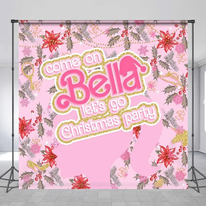 Custom Name Pink Girl Floral Christmas Backdrop - Aperturee