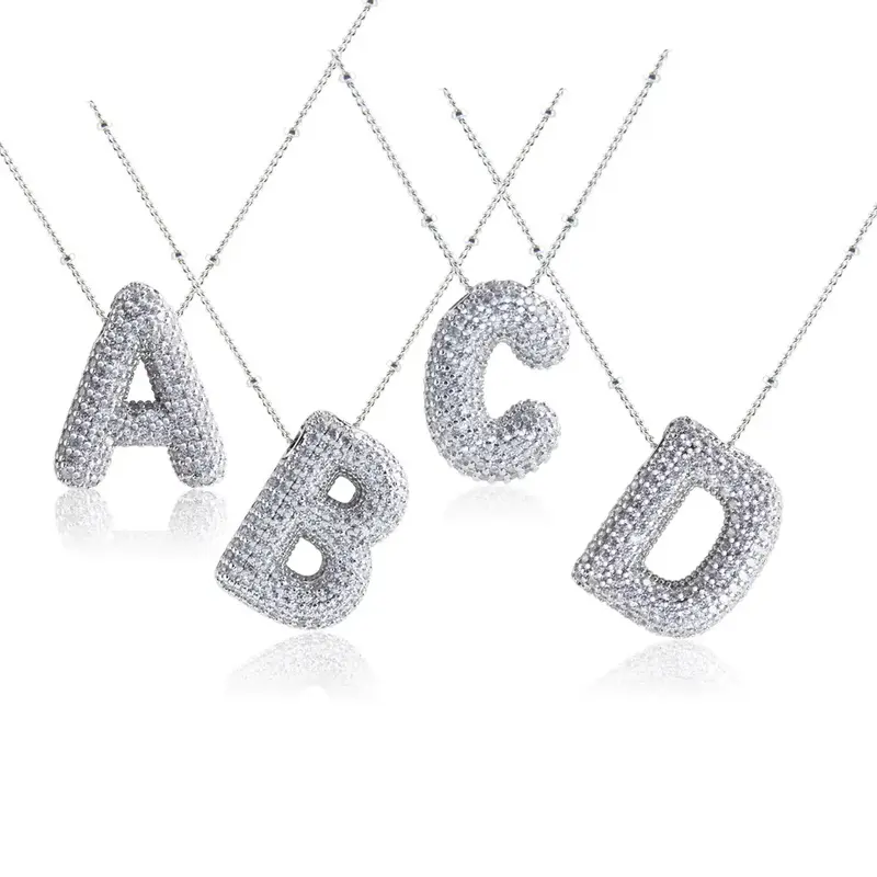 Bubble Letter Necklace Silver Plated with CZ - Trendy Initial Necklace, Neckalce for Women Men