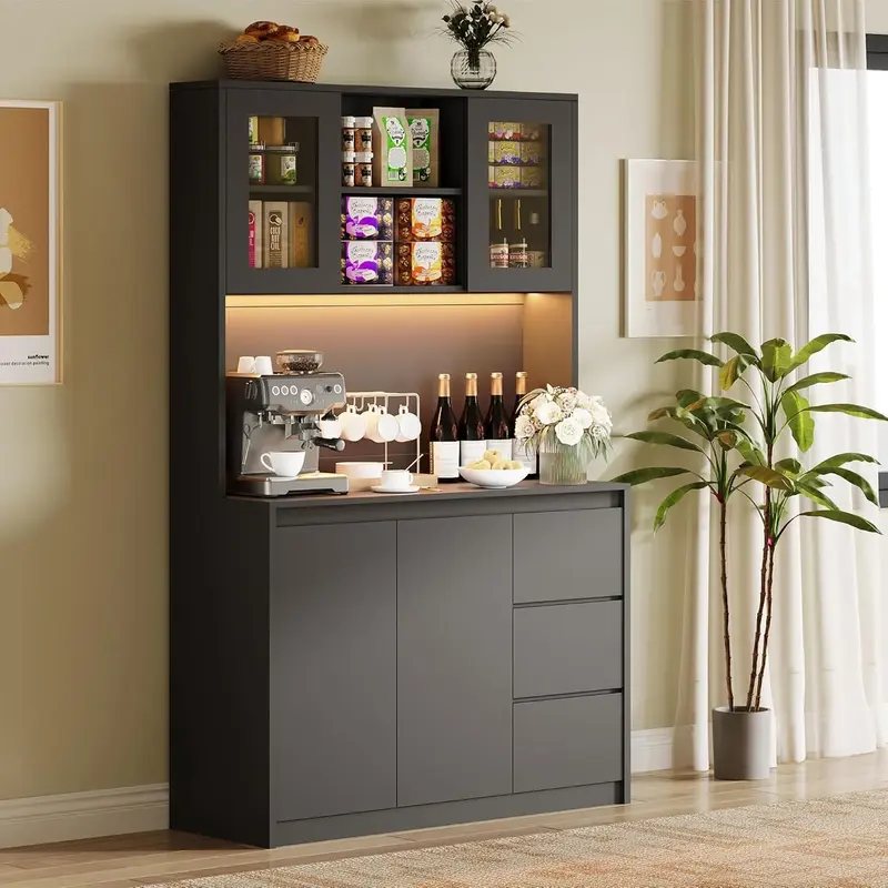 Garvee Kitchen Pantry Cabinet with Led Lights and Charging Station, Modern Kitchen Cabinet Hutch Cabinet with Storage and Mic...