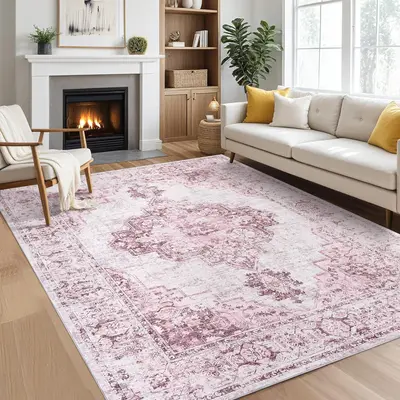 Garvee Pink Area Rugs 5x7 Washable, Soft Vintage Large Area Rugs for Living Room, Boho Farmhouse Low Pile Non-Slip Indoor Thr...