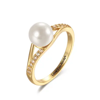 10K Gold Pearl Personalized Engraving Engagement Ring