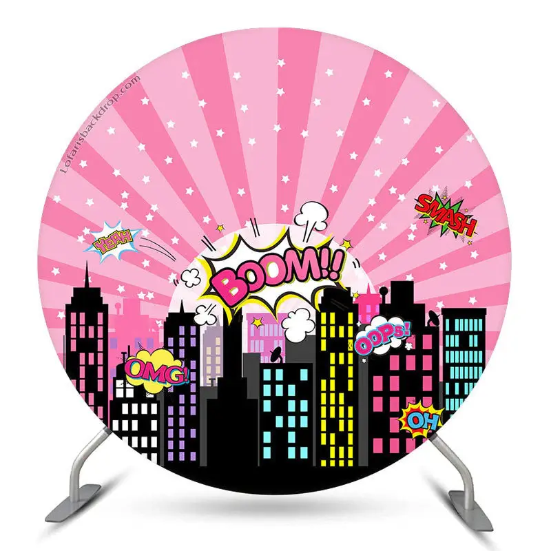Aperturee Pink Night City Star Boom Round Birthday Backdrop | Circle Birthday Backdrop Cover | Custom Round Birthday Backdrop...