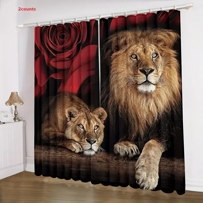 Rose & Lion Pattern Curtain, 2 Counts/set Creative Print Curtain, Household Curtains for Bedroom, Living Room, Kitchen, Home ...