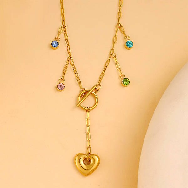 304 Stainless Steel Pave Colorful Cubic Zirconia Heart Pendant Necklaces for Women