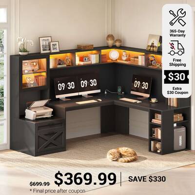 SEDETA | 67.9 Inch L Shaped Computer Desk with Drawers LED Lights Power Outlet Farmhouse Office Desk with Double Hutch Storag...