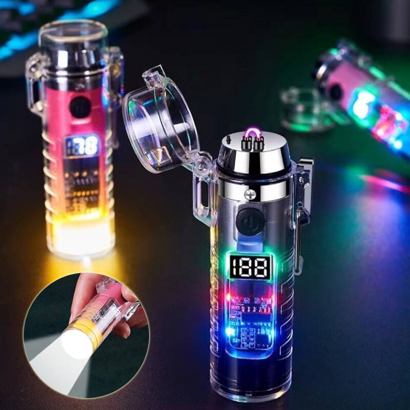 Transparent Shell Dual Arc USB Charging Lighter Outdoor Waterproof LED Colorful Light Power Display Illumination Light Gadget...