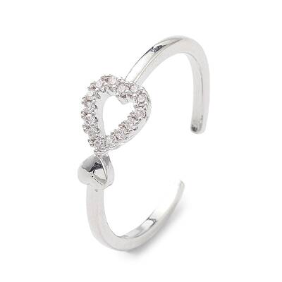 Clear Cubic Zirconia Hollow Heart Open Cuff Ring