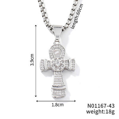 Brass Crystal Rhinestone Ankh Cross Pendant Vintage Box Chain Necklaces