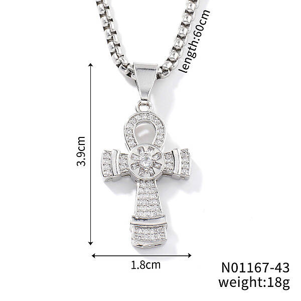 Brass Crystal Rhinestone Ankh Cross Pendant Vintage Box Chain Necklaces