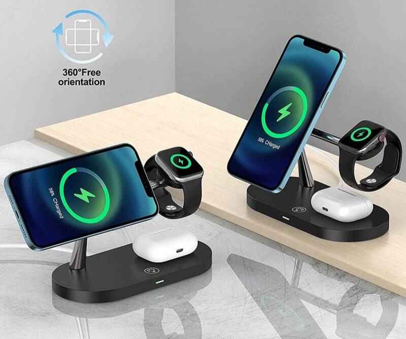 5-in-1 Lamp Wireless Fast Charger, Watch & Headset Charging Station with Phone Holder and Nightlight