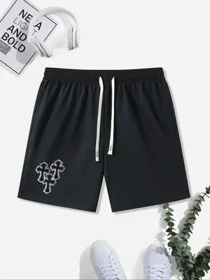 Men's Cross Print Pocket Drawstring Shorts, Casual Elastic Waist Track Shorts for Summer, Shorts for Men, Streetwear, Men's B...