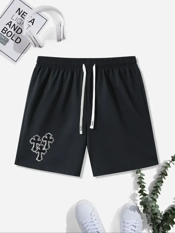 Men's Cross Print Pocket Drawstring Shorts, Casual Elastic Waist Track Shorts for Summer, Shorts for Men, Streetwear, Men's B...