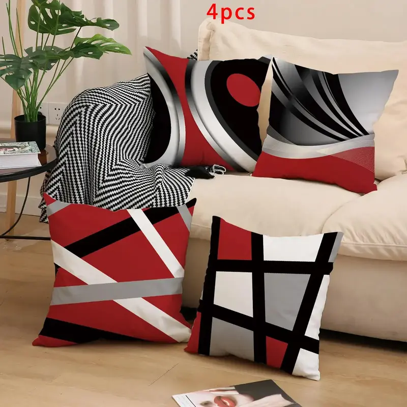 Geometric Pattern Cushion Cover without Filler (4 Counts/set), Modern Abstract Stripe Geometric Pillowcase, Square Throw Pill...
