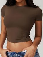 Women's Plain Round Neck Crop Sports Tee, Sporty Casual Tight-fitting Short Sleeve T-shirt for Yoga Gym Workout Running, Ladi...
