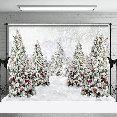 Winter White Xmas Pine Trees Heavy Snow Backdrop - Aperturee