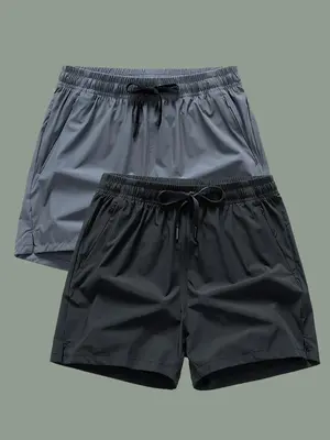 Men's 2pcs Plain Drawstring Waist Track Shorts, Casual Stylish Regular Fit Elastic Waist Pocket Bottoms for Daily Outdoor Wea...