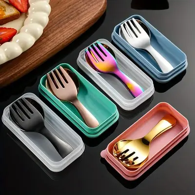 Stainless Steel Cutlery Set, 1 Set Including Fork & Spoon & Storage Box, Portable Tableware Set for Outdoor Camping Travel