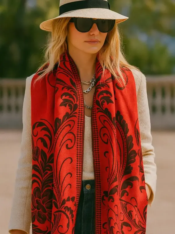 Women's Reversible Floral Boho Scarf - Oversized Shawl with Fringe Details Lightweight Soft Fabric Intricate Floral Design Cl...