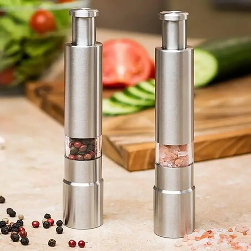 Portable Manual Pepper Mill, 2 Counts Stainless Steel Adjustable Salt & Pepper Grinding Bottle, Household Kitchen Seasoning G...