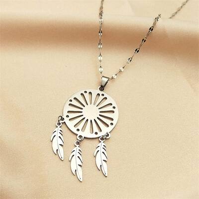 Non-Tarnish Woven Net/Web with Feather 304 Stainless Steel Boho Pendant Necklaces for Women