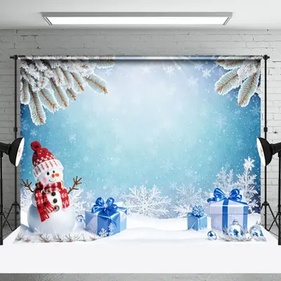 Aperturee Snowflakes Snowman Gifts Blue Christmas Backdrop - Aperturee