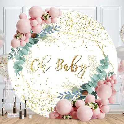 Aperturee Gold Glitter Oh Baby Leaves Round Baby Shower Backdrop