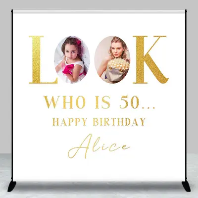 Look Who Is 50 White Custom Photo Birthday Backdrop - Aperturee