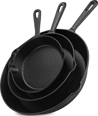Cast Iron Pan Set - 3 Piece Pre-Seasoned Skillet, Grill Pan, and Fry Pans for Grilling, Frying, and Sautéing - Cookware, Oil...