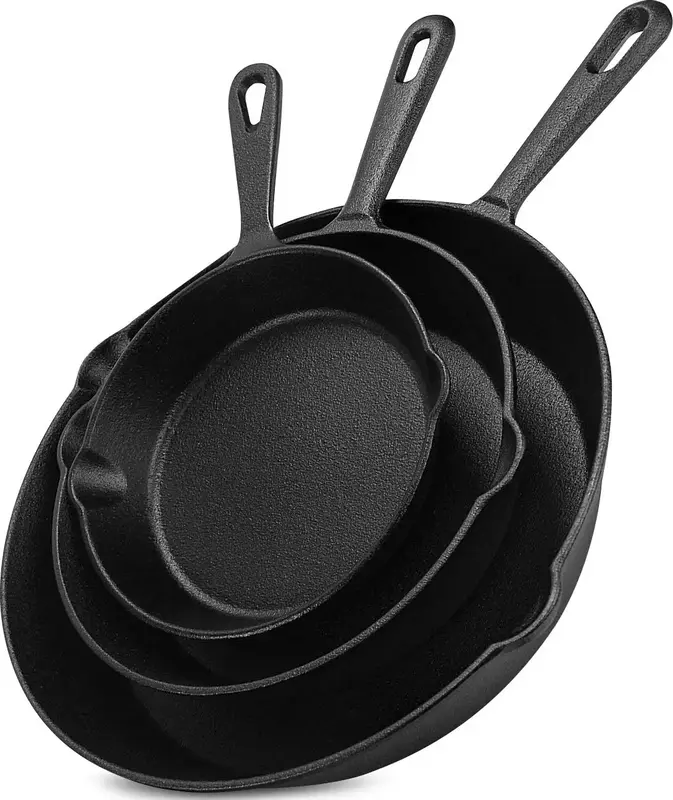 Cast Iron Pan Set - 3 Piece Pre-Seasoned Skillet, Grill Pan, and Fry Pans for Grilling, Frying, and Sautéing - Cookware, Oil...