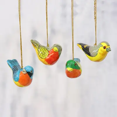 NOVICA Chirping Sparrows Four Colorful Papier Mache Bird Ornaments from India